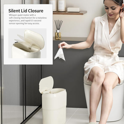 Slim Motion Sensor Trash Can for Bathroom, Automatic Compact Touchless Garbage Bin with Lid, 2.4 Gallon Small Electric Waste Basket for Narrow Apartment Dorm Office, Kitchen, Bedroom, Cream White