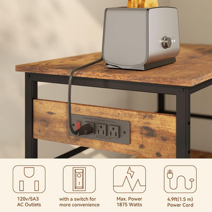 IBUYKE Kitchen Island with Storage, Bakers Rack with Power Outlet,Microwave Stand with Large Worktop,Rolling Bar Cart for Home, Outdoor, Kitchen,Rustic Brown and Black TMJ029H