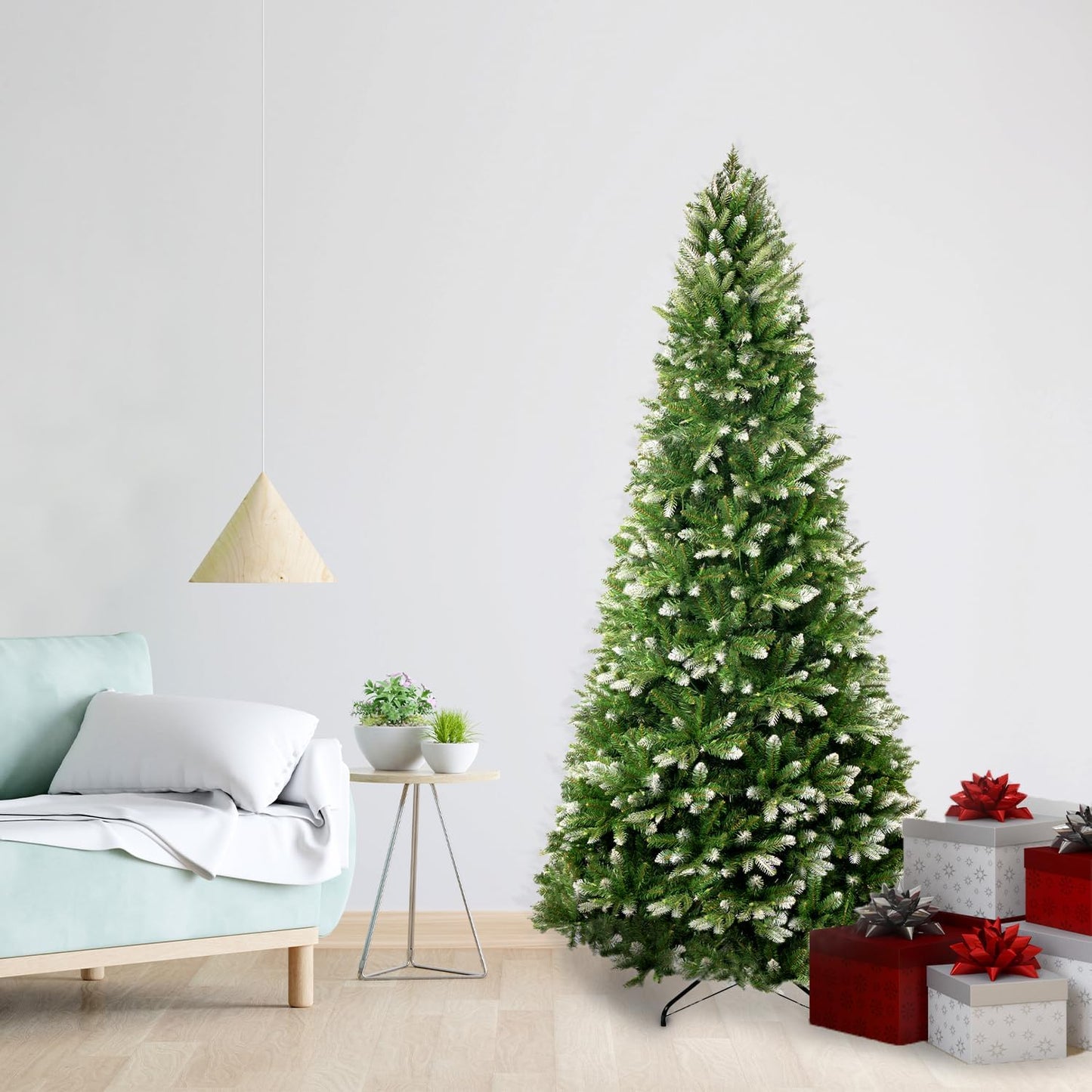 Naomi Home 6.5ft White Tip Christmas Tree with Lights, Realistic Light Snow Flocked Fir Prelit with 1292 Branch Tips, 350 Warm Lights and Metal Stand, Aritificial Tree