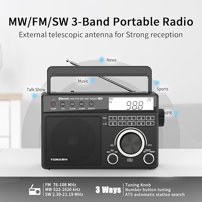 Portable Shortwave MW FM Radio with Bluetooth, ATS Tuning, Clock & Alarm, Recording, MP3/WMA Playback via USB/SD Card, Battery Operated Radio with LCD Display