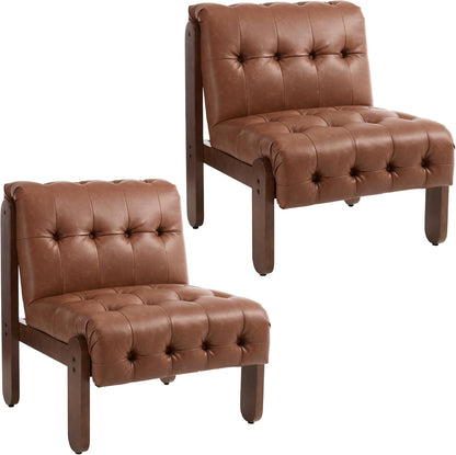 Modern Armless Accent Chair Set of 2 for Living Room, Brown PU Leather Button Tufted Upholstered Lounge Reading Chair with Walnut Wood Frame
