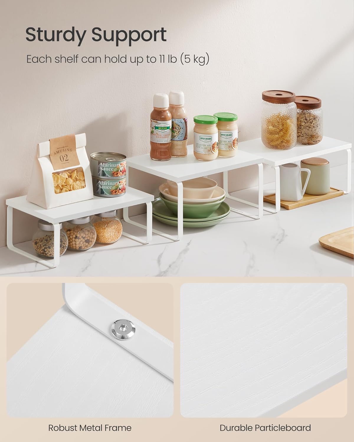 SONGMICS Cabinet Organizer Shelf, Set of 3 Kitchen Counter Shelves, Kitchen Storage, Spice Rack, Stackable, Expandable, Snow White and Matte White UKCS220W01