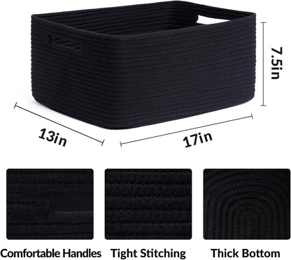 Large Storage Baskets for Shelves, Closet Organizers Bins for Clothes Blanket Towels, Baby Nursery, Toy Baskets Box, Woven Rope Baskets, 17 x 13 x 7.5”, 2 Packs Black
