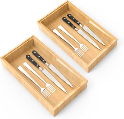 Bamboo Drawer Organizer, 2PCS Stackable Storage Boxes for Utensil Organizer, Wood Tray for kitchen, Bathroom and Bedroom 12" x 6" x 2"