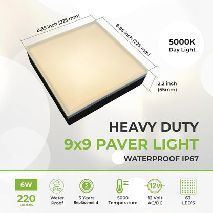 LUMENGY Paver Light 9×9 Inch (8.85 x 8.85 inches), 2700K Warm White Glare-Free Illumination for Driveways, Pathways, Pool Deck & Patios,12V AC/DC, Waterproof & Drive-Over Rated