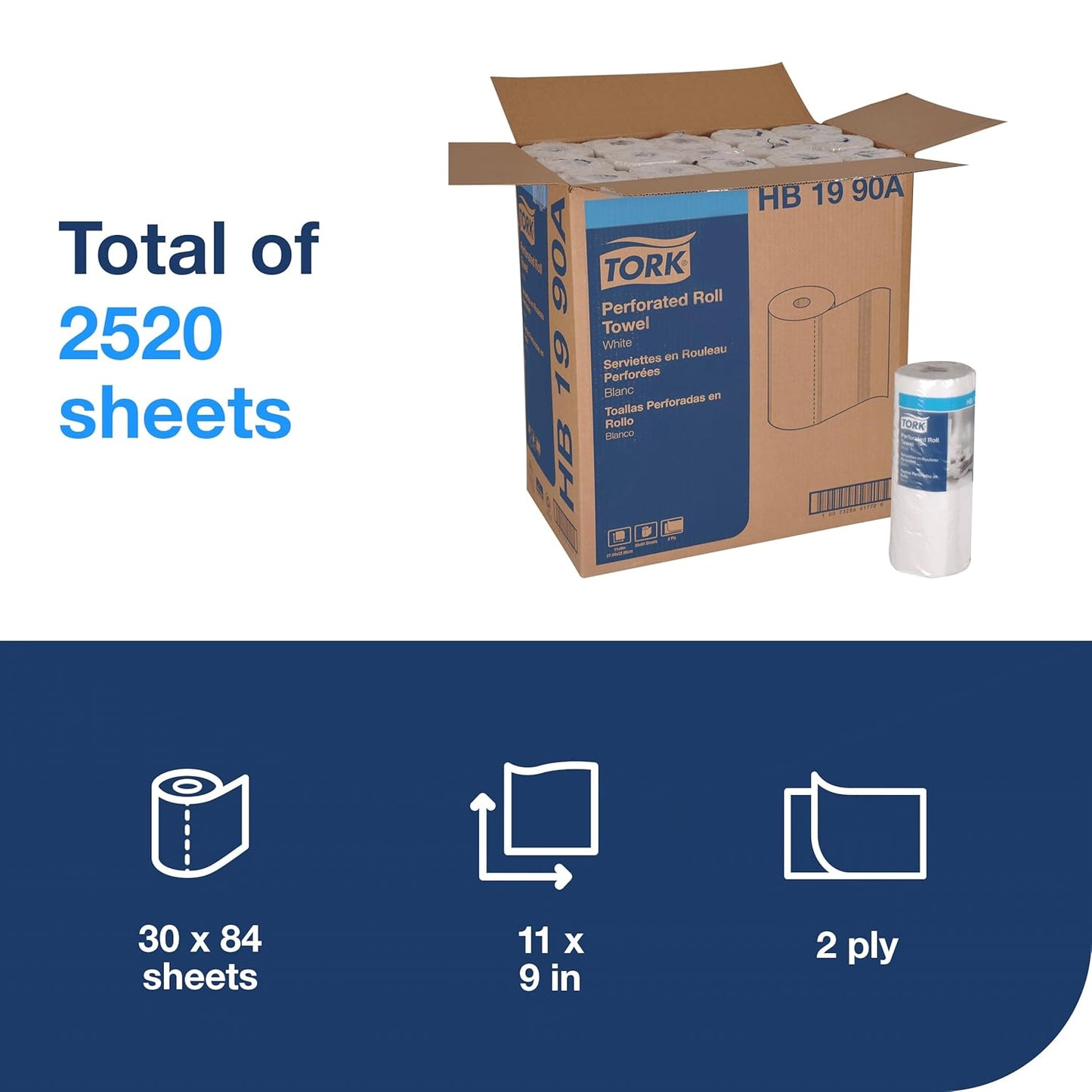 Tork HB1990A Perforated Paper Roll Towel, 2-Ply, 11" Width x 9" Length, White (Case of 30 Rolls, 84 per Roll, 2,520 Towels)