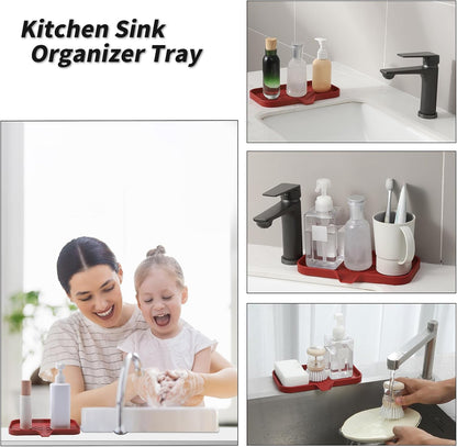 Silicone Bathroom Soap Dishes with Drain Spout-Bathroom and Kitchen Sink Organizer,Sponge Holder,Dish Soap Tray,Perfect for Dispenser,Scrubber,Bottle,Cup on Sink or Counter-Red 9.6"×5.3"