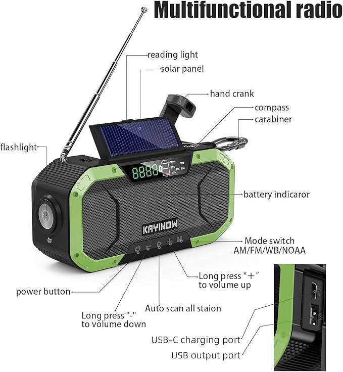 Hand Crank Emergency Radio,Portable AM FM NOAA Weather Radio,Solar Power,Battery Operated,USB Charging Flashlight,Cell Phone Charger,Waterproof,SOS for Camping,Power Outage,Survival Storm