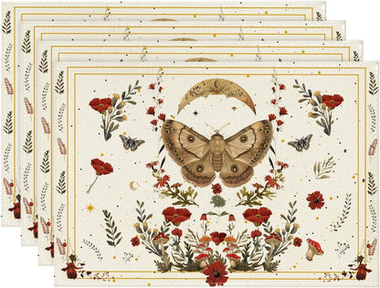 Artoid Mode Beige Poppy Moth Moon Placemats Set of 4, 12x18 Inch Floral Spring Table Mats for Outdoor Home Party Kitchen Dining Decor