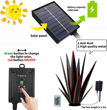 Large Tequila Rustic Sculpture, Rustic Metal Agave Plants for Outdoor Patio Yard, Home Decor Hand Painted Metal Agave Garden Yard Statue, Outdoor Lawn Ornaments (Red - L (W/Solar Light))