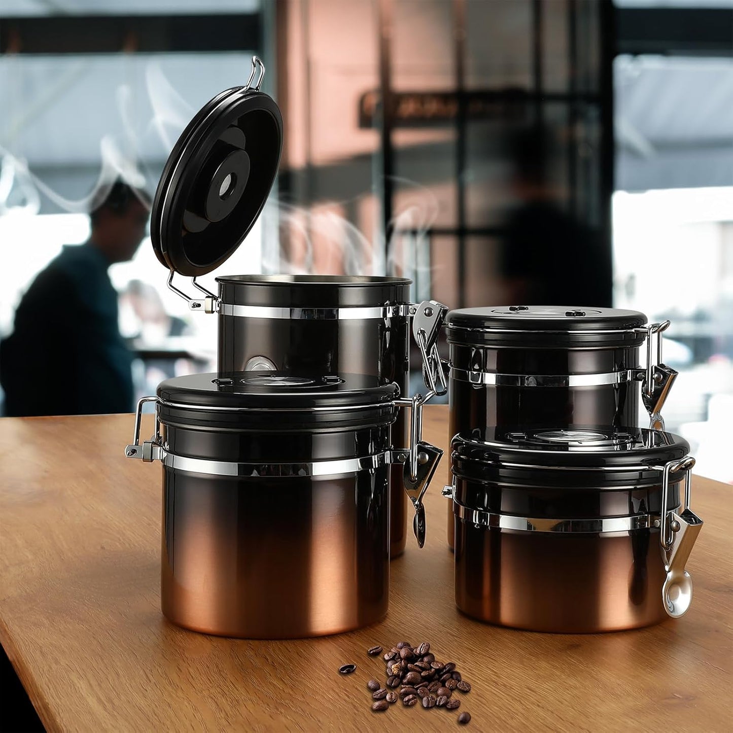 malmo Coffee Canister, Airtight Coffee Container with Date Tracker Lid, Stainless Steel Canister for Kitchen Food Storage (Black-Copper, 22oz)