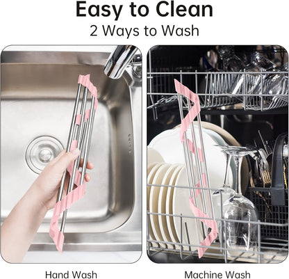 Tomorotec Triangle Foldable Dish Drying Rack, Small Roll-Up Stainless Steel Over Sink Drainer for Kitchen Sink Corner, Rustproof Multipurpose Organizer(Pink)