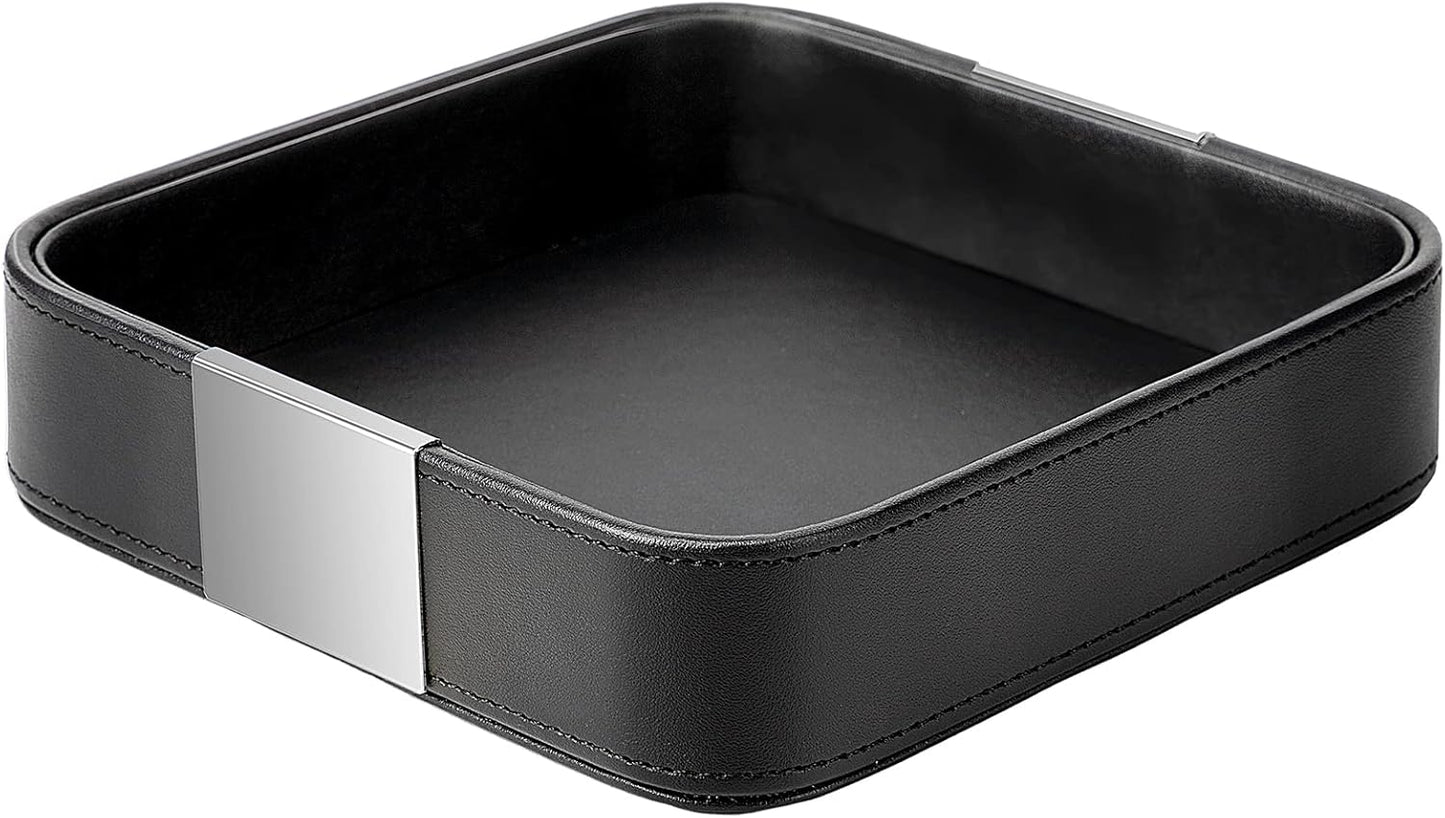 SANZIE Luxury Leather Desktop Storage Small Catchall Organizer Decorative Tray for Entryway Table to Hold Jewelry Watch Cosmetics Keys Phone Wallet, Home & Office Accessories (Metal Silvered, Black)