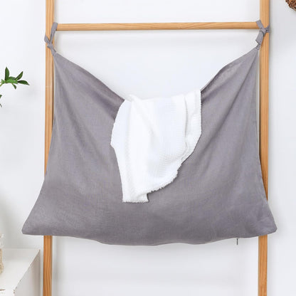 Hanging Linen Laundry Bag, 100% Pure Flax Linen Over The Door Hamper with Bottom Zipper for Laundry Room, Household Dirty Cloth Storage Organizer Bag, Gray