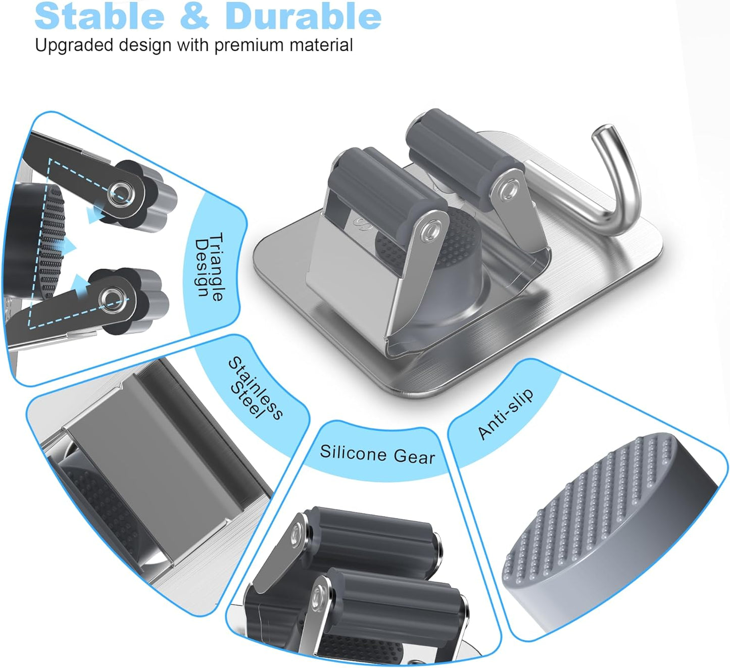 4 Pack Stainless Steel Mop and Broom Gripper with Hook, Screw Drilling or Self Adhesive Mop and Broom Holder Wall Mount, Storage Rack for Closet Laundry Garage Garden Tool Organizer, Silver