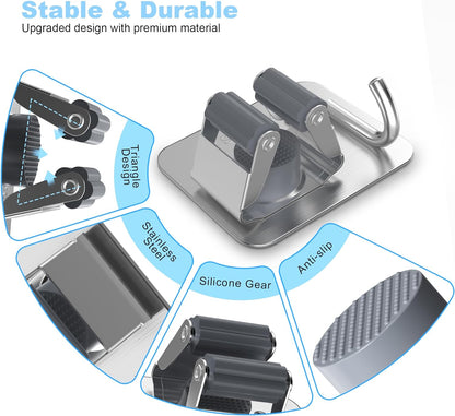 4 Pack Stainless Steel Mop and Broom Gripper with Hook, Screw Drilling or Self Adhesive Mop and Broom Holder Wall Mount, Storage Rack for Closet Laundry Garage Garden Tool Organizer, Silver