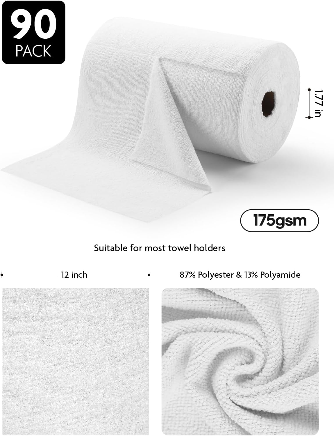 Fantasticlean Microfiber Cleaning Cloth Roll -90 Pack, Tear Away Microfiber Towels, 12" x 12", Reusable, Washable, Scratch Free, Ultra Absorbent Dish Rags for Car, Home, Garage or Shop (White)