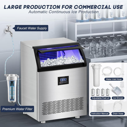 Commercial Ice Maker Machine 360LBS/24H with 80LBS Storage Bin, 126PCS Ice Cubes Ice Machine Stainless Steel Undercounter/Freestanding Ice Maker for Home Bar Outdoor, Self Cleaning