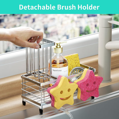 HapiRm Sink Caddy Sponge Holder - Self-draining Kitchen Sink Organizer with Smiley Face and Brush Holder, Stainless Steel Kitchen Sponge Caddy for Countertop - Silver