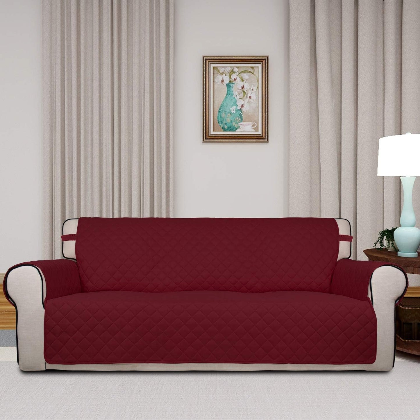 PureFit Reversible Quilted Sofa Cover, Water Resistant Slipcover Furniture Protector, Washable Couch Cover with Non Slip and Elastic Straps for Kids, Pets (Sofa, Red/Ivory)