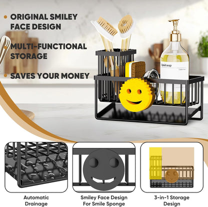 Sponge Holder for Kitchen Sink,Smiley Face Sink Caddy with Removable Brush Holder,Self-Draining Sponge Caddy for Soap,Dish Brush,Scrubber,Kitchen Essentials and Gadgets