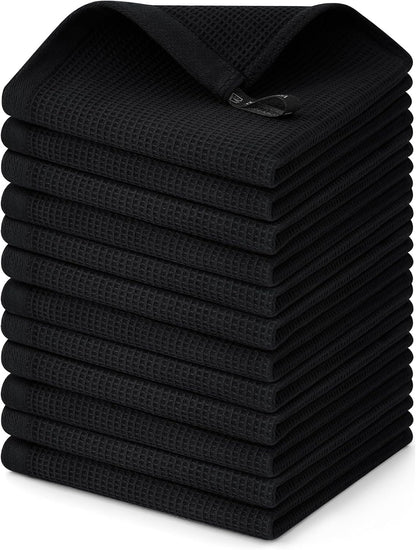 Homaxy 100% Cotton Waffle Weave Dish Cloths - 12 Pack Soft and Absorbent Dish Towels - 12 x 12 Inches Quick Dry Dish Rags - Black