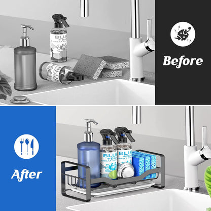 Sink Caddy Sponge Holder,Sponge Holder for Kitchen Sink,Kitchen Sink Organizer for Soap Brush Dispenser,Countertop Sink Caddy Organizer with Removable Drain Tray