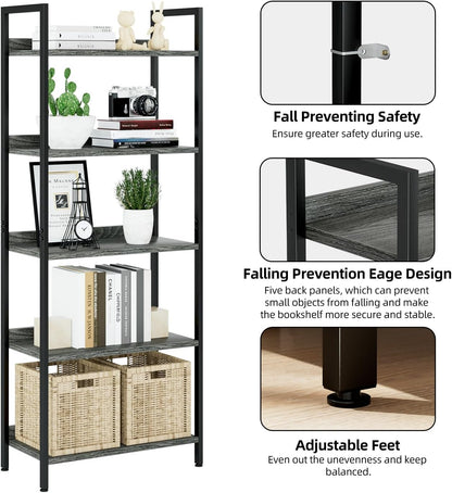 NUMENN Bookshelf, 5 Tier Bookshelves, Home Office Bookcase Shelf Storage Organizer, Free Standing Storage Shelving Unit for Bedroom, Living Room and Home Office, Dark Grey