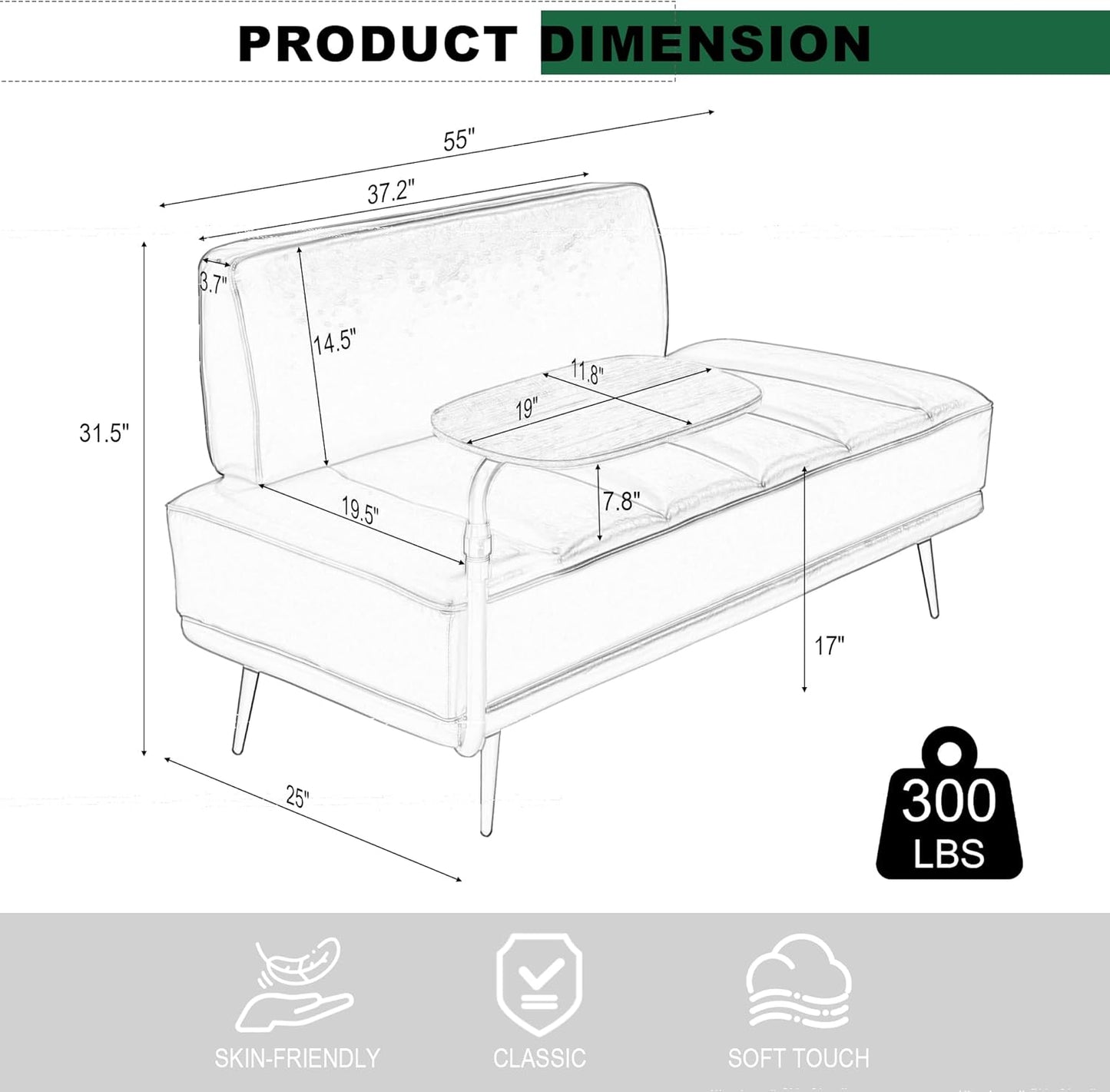 Sofa,Bed Bench,Small Spaces Furniture,Polyurethane Leather,Wood Frame,High Density Sponge Infillings,360-Degree Swivel Tray,Black Metal Leg (Green)