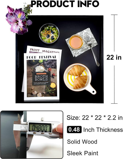 22 Inches Square Wood Ottoman Tray Black, Extra Large Wooden Serving Tray with Handles for Living Room, Serving Food Breakfast, Ottoman Coffee Table Couch Sofa Kitchen