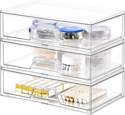 3 Pack Stackable Makeup Organizer, 12.1''L Acrylic Bathroom Organizer and Storage Undersink Drawer, Cosmetics and Beauty Supplies,Clear Plastic Storage Bins for Vanity,Pantry,Desk,Cabinet,Kitchen