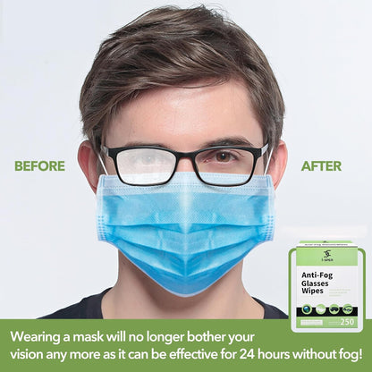 250 Count Anti Fog Lens Wipes for Eyeglasses, Pre-Moistened Individual Wrapped Glasses Wipe Lens Cleaner, with a Carrying Box, Defogging Screen Wipes for Eyeglasses, Sunglass, Goggles, Camera Lens