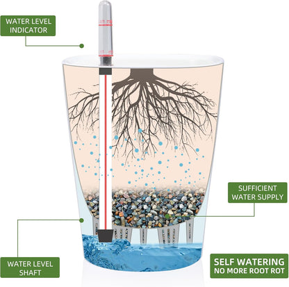 Dexceder 6x7 Self Watering Planter Indoor Outdoor, High Gloss Table Flower Plant Pot with Water Level Indicator (White)