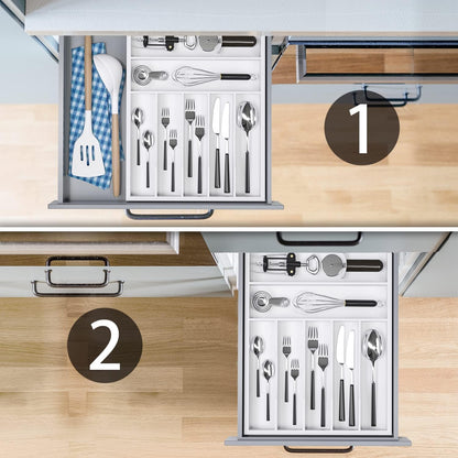 Utensil Organizer Silverware Drawer Organizer - 7 Slots Bamboo Cutlery Organizer Multi-Purpose Silverware Divider for Kitchen Flatware, Hair Accessories, Repair Tools, Art Set W13”x L17” (White)