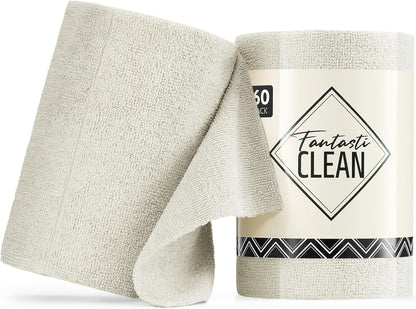 Fantasticlean Microfiber Cleaning Cloth Roll -60 Pack, Tear Away Paperless Towels, 8" x 8", Reusable Washable Rags, for Home Kitchen, Pet, Office, Indoor Outdoor, Compact and Portable (Off-White)