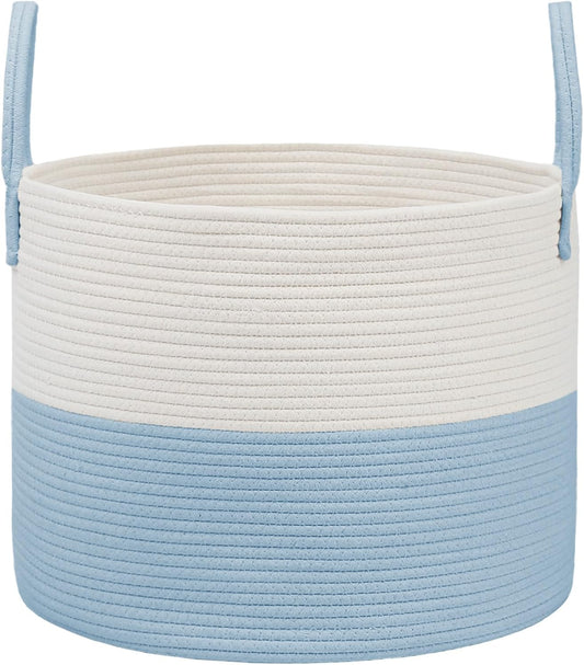Woven Blanket Basket,115L Large Rope Storage Bin with Handles, Organizer for Blankets Toys Book and Clothes, Laundry Basket for Living Room Bedroom Nursery,White&Blue