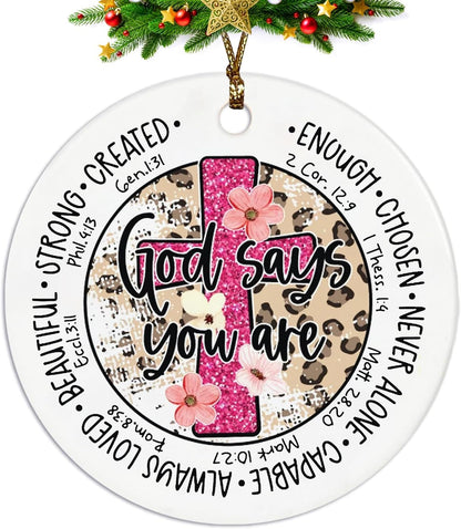 Christian Ornaments, God Says You are Scripture Floral Ceramic Ornament Keepsake Decorations, Inspirational Christian Gifts for Women Teen Girls