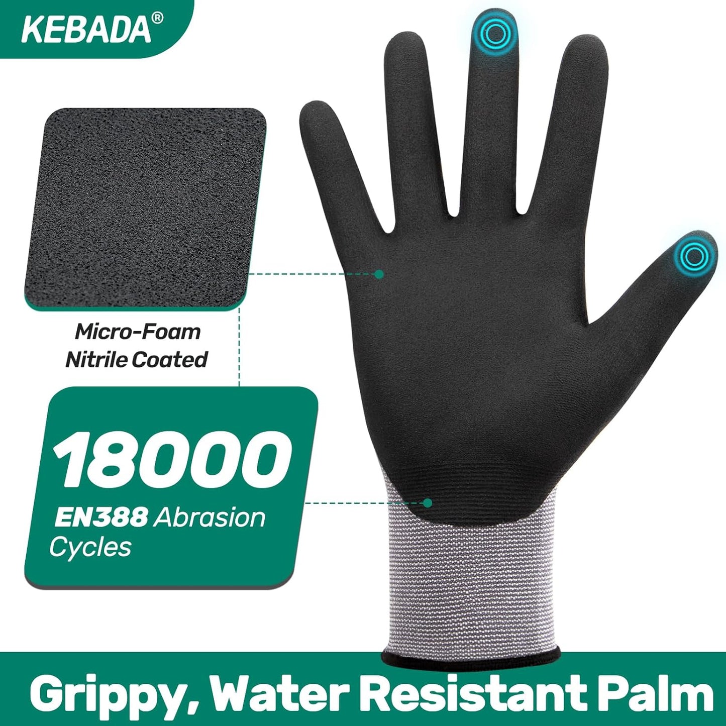 Kebada W2 Micro-Foam Coated Work Gloves, Touchscreen Working Gloves with Grip, Idea for Package Handling, Gardening, and Construction, 6 Pairs, Small