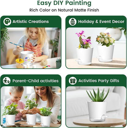 6 inch Self Watering Pots for Indoor Outdoor Plants, 3 Pack Flower Plant Pots with Drainage Holes and Clear Reservoirs, Visible Water Level, Plastic Planters with Wicking Rope, White