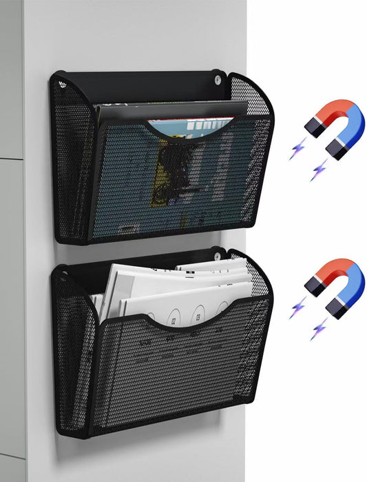 2 Pack 1-Tier Magnetic File Holder - No Drilling Installation File Organizer, Large Capacity Magnetic File Holder for Refrigerator, File Cabinets, Whiteboard, Office, Kitchen