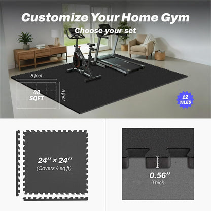 AIRHOP 0.56in Thick 48 Sq Ft Exercise Equipment Mats, 12 Tiles Upgraded Rubber Top with High Density EVA Foam, Large Interlocking Puzzle Gym Flooring for Home Gym, Heavy Weight Workout,Black