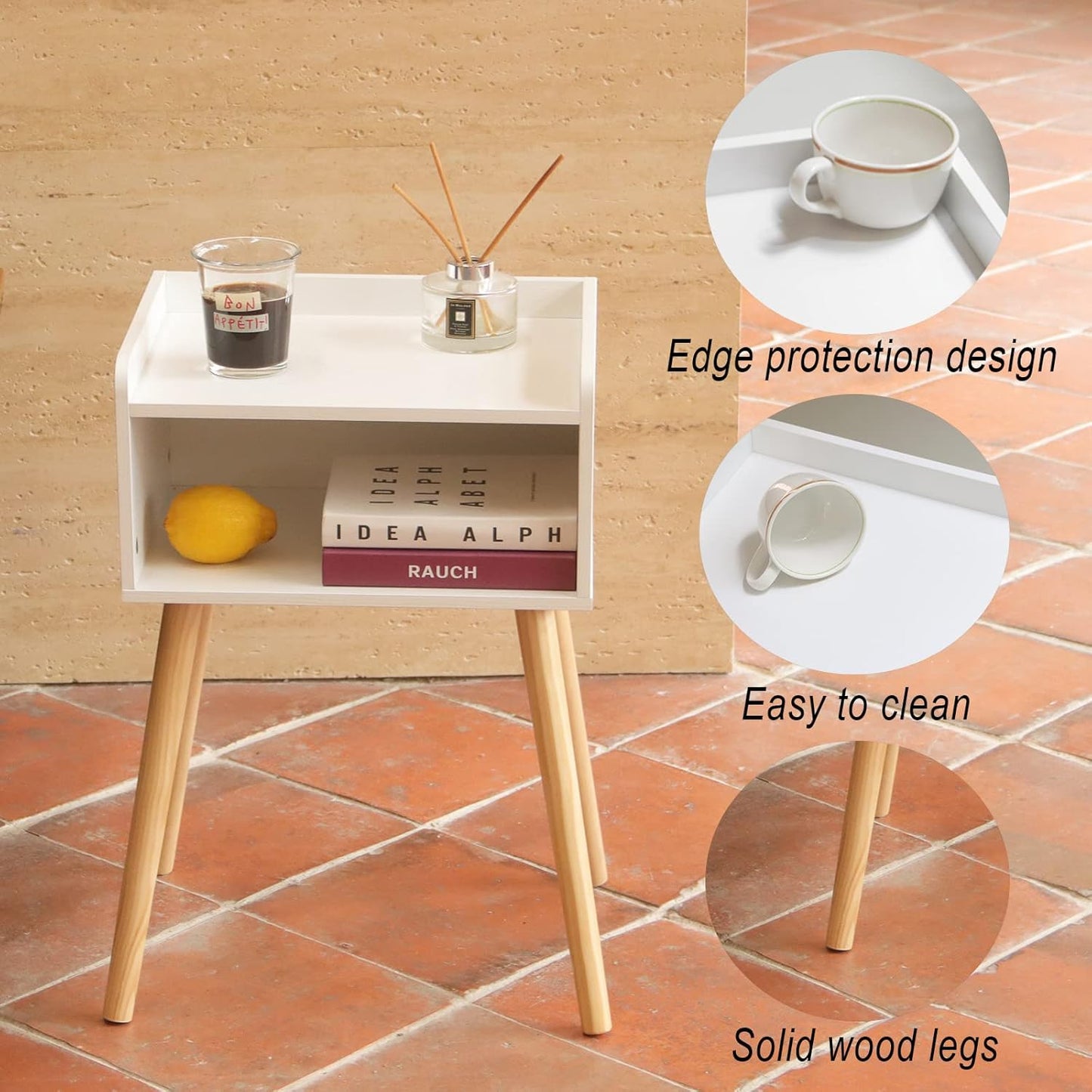 MaxSmeo White Nightstand, Small Bed Side Table for Small Spaces,Mid Century Modern Nightstand End Table with Storage and Solid Wood Legs for Bedroom Living Room(White)