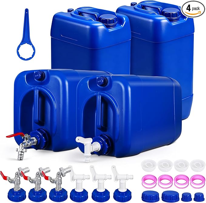 6.6 Gallon Emergency Water Storage Container with Spigot, BPA-Free Water Tank with Lid, Stackable Survival Storage for Disaster & Camping (1 Pack) (4 Pack Blue, 6.6 gal)