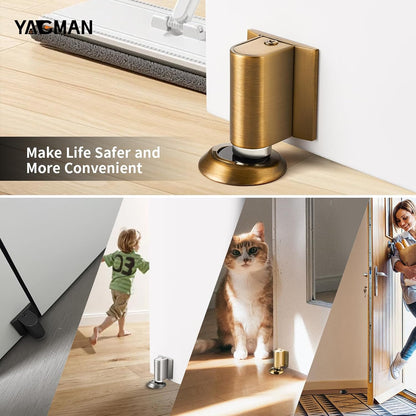 2 Pack Magnetic Door Stoppers Retractable Bottom of Door Holder No Drilling Mount Floor Door Stop with Screws and Adhesive Catch Door Keep Door Open Antique Brass AB-2