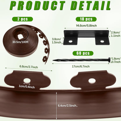 Sasylvia 2.5'' x 200' Landscape Edging Kit Edging Border Coil Include Anchoring Spikes 10 Connectors Plastic Garden Border for Lawn Garden Grass Yard Home(Brown)