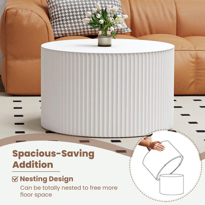 Round Nesting Coffee Table Wood Drum Nesting Tables Modern Stacking Coffee Table Set of 2 Fluted Center Table End Table for Living Room Home Office Small Spaces, No Assembling (Beige Large)