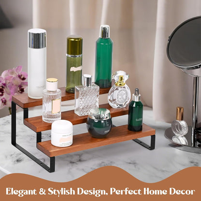 3 Tier Wooden Display Riser Stand Perfume Organizer with Metal Stand, Dessert Table Display Set, Food Display Stands for Party, Brown Rustic Solid Wood Shelf for Cupcakes, Perfume, Cologne, Spiece