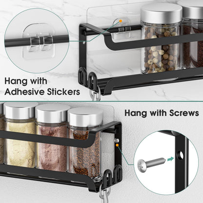 LUCYCAZ 2 Pack Wall Mounted Spice Rack with 16 Hooks, Spice Organizer Shelf for Stove Cabinet Pantry Door,Screw or Adhesive Spice Shelf Hanging Wall Spice Rack in Kitchen and RV (Black, 2 PACK)