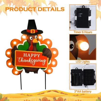 2 PCS Fall Decorations Outdoor Metal Happy Thanksgiving Decorative Garden Stakes with Led Light Welcome Pumpkin Turkey Yard Signs Fall Harvest Lawn Garden Lawn Pathway Decor