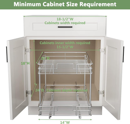 ROOMTEC Pull Out Cabinet Organizer, Kitchen Cabinet Organizer and Storage 2-Tier Cabinet Pull Out Shelves for Kitchen,Under Sink Organizers and Storage 14" W x 21" D Chrome